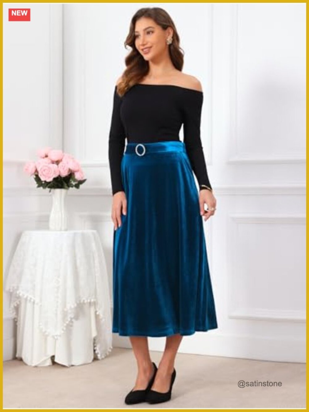 Velvet High Waist A-Line Formal Long Skirt with Belt - Picture 2 of 5